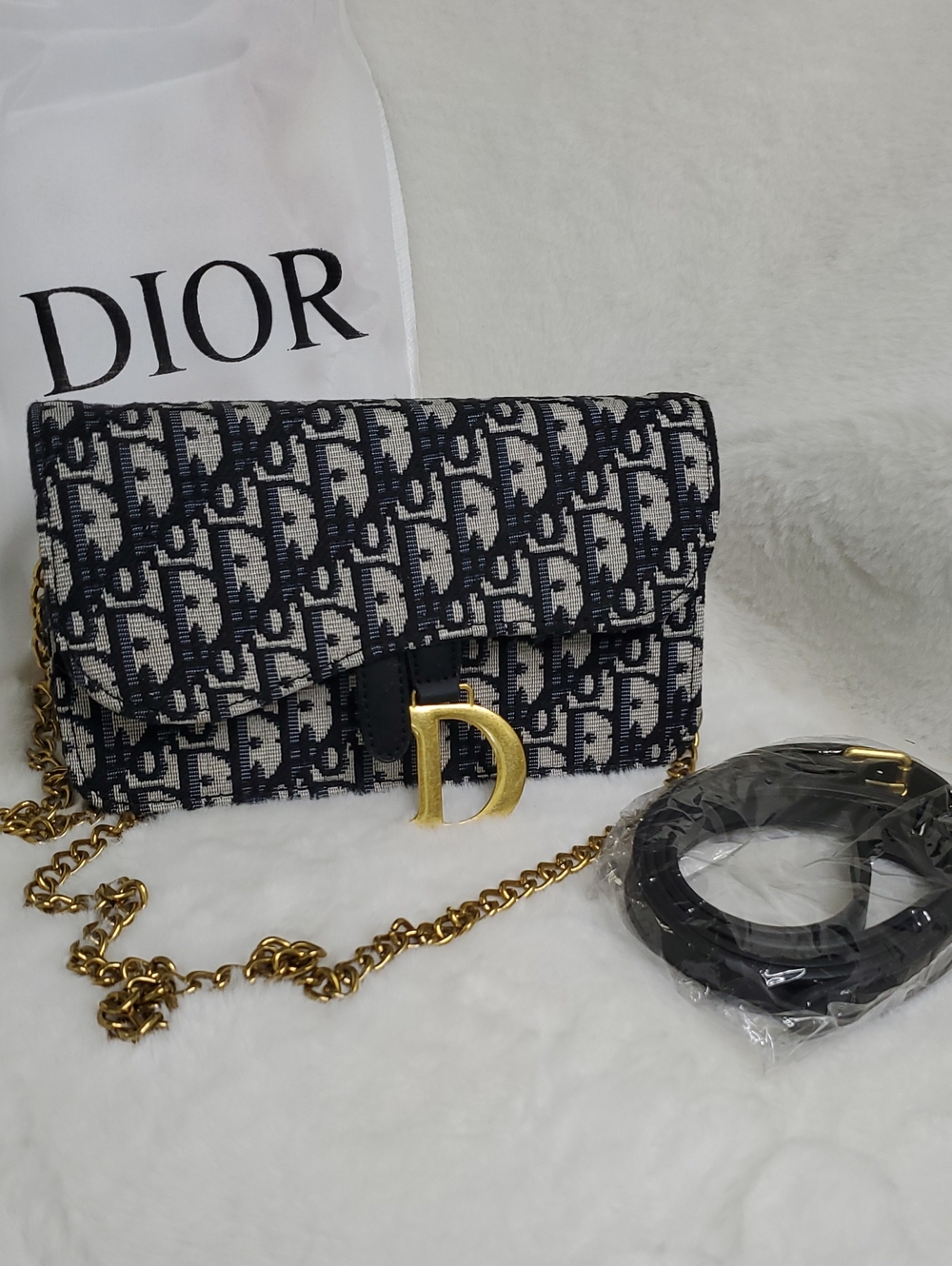 Di0R Navy & White Oblique Canvas Crossbody with Gold 'D' Charm